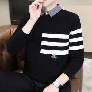 HENGYUANXIANG | High-End Mens Shirt Collar Sweater Striped Patchwork Fashion Urban Style Winter Loose Fit Long Sleeve Anti-Wrinkle Polyester