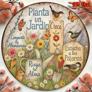 Retro Spanish 2D Wooden Circular Plaque Garden Fence Decor "Plant a Garden Listen to Birdsong" Country Theme Outdoor Home Decor