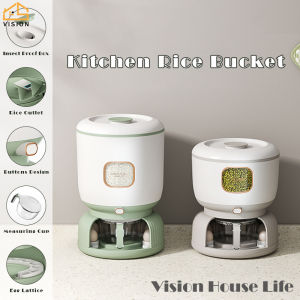 Vision Rice Dispenser with Rotatable Egg Storage Box Moisture-Proof Rice Storage Container Plastic Sealed Rice Bucket with Rinsing Cup Household Dry Food Container Rice Barrel