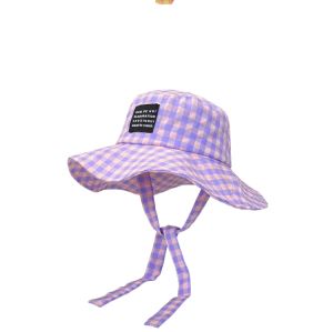 Ins Blogger Retro Plaid Tie Strap Bucket Hat Women Summer Travel Versatile Fisherman Hat Girls Fashion Popular Wide Brim Sun Cap