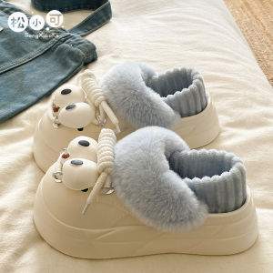 Fleece Lined Home Slippers Womens Thick Bottom Anti-Slip Warm Cotton Slippers round Toe Flat Heel EVA Material Autumn Winter