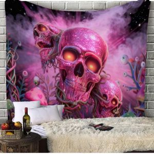 VIKAMA Cyberpunk Skull Galaxy Tapestry Neon Glow Trippy Psychedelic Trang Trí Tường Nghệ Thuật Táo Bạo Mềm Mại Bền Bỉ Cho Phòng Ngủ Phòng Trò Chơi Phòng Khách