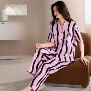 Miiow | Pure Cotton Womens Sleepwear Short Sleeve Kimono Style Home Clothes Set With Chest Pad Summer New Arrival Three Piece Set