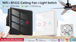 No Neutral Wire Tuya Smart WiFi RF433 Fan Ceiling Light Switch Timer Wall Glass Touch Switch Backlight Timing Control Voice