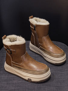 Winter Thick Bottom Snow Boots Womens Casual Sports Leather Warm Cotton Shoes Fleece Lined High Top Booties Rubber Sole