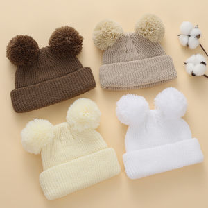 0-12M Solid Knitted Cute Pom Pom Cap Newborn Boys Girls Turban Hats Hospital Bonnets Infant Autumn Winter Headwraps Kid Headwear