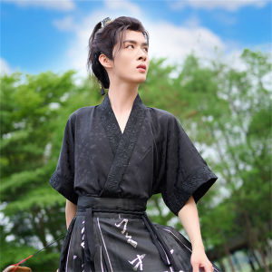 New Chinese Style Gold Weave Horse Back Skirt Short Sleeve Stand Collar Hanfu Shirt for Men And Women Couple Class Uniform Set