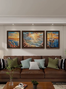 American-style living room wall art  three-panel landscape painting for sofa background stylish and casual vintage architecture decor