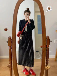 Black Polka Dot Casual A-Line Midi Skirt High Waist Womens plus Size Pear Shaped Slimming Winter Fashion Commute Cotton