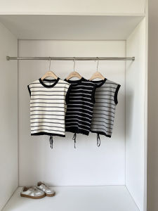 Summer 2025 Chic Simple Stripe Slimming Casual Knitwear Short Sleeve Womens Top Commute Style Polyester Fiber round Neck