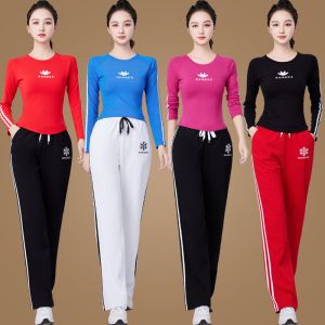 Matching Thread Cotton Long-Sleeved T-shirt Dancing Fitness Running Dancing Dress Square Dance Clothing New Exercise Outfit Women