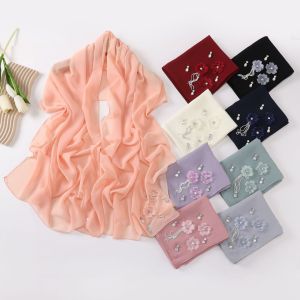 Jifang Handmade Solid Flowers Shiny Rhinestones Tassels Bubble Chiffon Shawl Pashmina Head Wraps Muslim Hijab Shawls Tudung QT18
