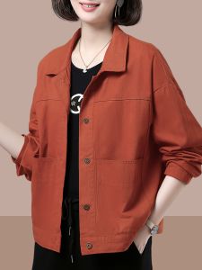 เสื้อแจ็คเก็ตสั้นผู้หญิง ฤดูใบไม้ผลิและฤดูใบไม้ร่วง ทรงหลวม แขนยาว ปกโปโล ผ้าฝ้าย 100% เสื้อคลุมคาร์ดิแกนสำหรับคุณแม่