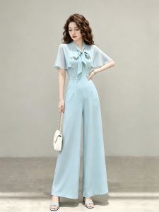 Popular Sky Blue Flutter Sleeve Jumpsuit High Waist Slimming Flowy Wide Leg