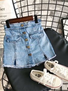 Váy Ngắn Denim Cho Bé Gái Mùa Hè Mới Về Quần Áo Trẻ Em Màu Trơn Cài Nút Thắt Lưng Bằng Dây Cotton Nguyên Chất Váy Ngắn Quần Ngắn