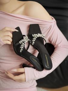 Elegant Diamond Embellished Square Toe High Heel Sandals Womens Outdoor Slip-On Shoes Comfortable Leather Inner Lining