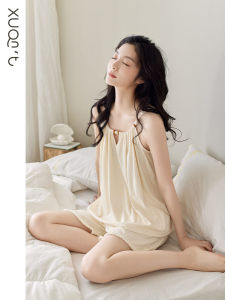 Xuan Zhi Ting Summer Cool Feeling Modal Womens Nightgown Set Sweet Home Clothes Short Sleeve round Neck Cotton Blend Thin