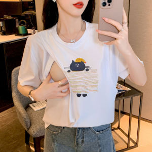 Breastfeeding Friendly Summer Cotton T-Shirt Loose Short Sleeve Maternity Wear Outerwear Suitable for Postpartum Slimming