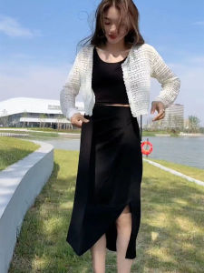 High-Waist Midi Dress for Women Spring-Summer 2023 New Style One-Step Skirt Polyester Fiber Ruched Bow Decoration Open-Back Design Slimming Effect
