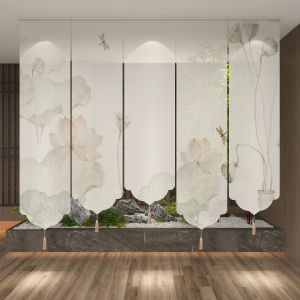 Chinese Style Curtain Partition Electrically Operated Lotus Decorative Roller Blind New Chinese Style Home Textile Window Treatment