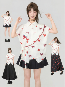 KEIKO | Aesthetic Horse Print Tie Neck Shirt Silky Patterned Fabric