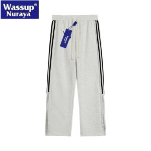 Wassup Nuraya Trendy Three Bars Mens Casual Pants American Style Spring Autumn Straight Leg Heavyweight Comfortable Cotton Polyester