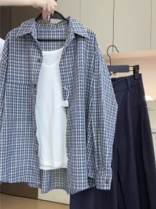 เสื้อเชิ้ตแขนยาวลายสก็อตสีน้ำเงินหลวมๆ สำหรับผู้หญิง เสื้อเชิ้ตแขนยาวแบบสวมหัวสไตล์เกาหลี ทรงหลวม ปกโปโล ทรงพอดีตัว