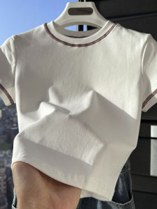 Summer 2025 Womens Slim Fit Short Sleeve T-Shirt round Neck Basic Style Shoulder Line Decoration White Top Commute Style Cotton