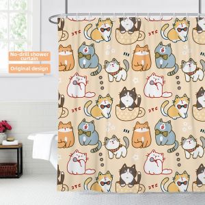 Thickened Polyester Bath Curtain Door Drape Cute Cartoon Cat Animal Bathroom Mold Proof Waterproof Curtain Room Partition