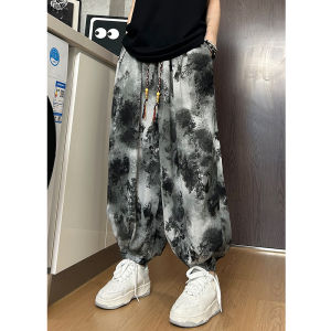 New Chinese Style Mens Summer Wide Leg Harem Carrot Pants Autumn Spring Water Ink Dyed Lantern Trousers Casual Loose Fit
