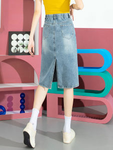 High Waist A-Line Mini Skirt Womens Summer Thin Denim Half-length Vintage Split Elastic Waist Skirt Polyester Blend Midi Skirt
