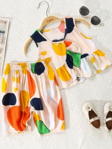 Girls Summer Thin Cotton Silk Set Baby Girl Home Clothes Floral Pattern Korean Style Two-Piece Suit Comfortable Breathable Polyester Fiber
