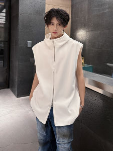 American High Street White Semi-Zipper Mens Vest Summer Small Crowd High Collar Sleeveless T-Shirt Design Hat Shoulder
