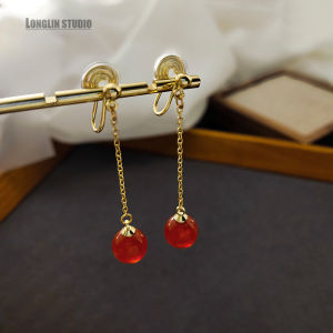ต่างหูแบบคลิปแบบพร้อมพู่สีแดง ต่างหูแบบไม่เจาะรู ต่างหูแบบหรูหราสำหรับผู้หญิง ต่างหูสไตล์เกาหลีที่สวมใส่สบาย