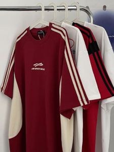 Mens Short Sleeve T-Shirt Casual Loose Fit Summer New Style Trendy Brand Color Block Print Breathable Polyester Cotton Blend