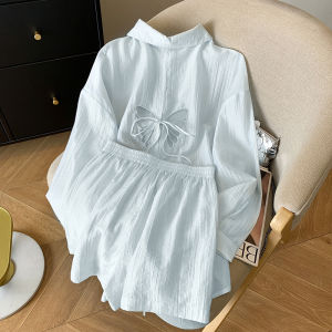 ชุดเสื้อเชิ้ตแขนยาวป้องกันแสงแดดลายผีเสื้อสไตล์หวานๆ สำหรับเด็กผู้หญิง ฤดูร้อน 2025 คอวี ทรงหลวม ผ้าฝ้ายผสมโพลีเอสเตอร์