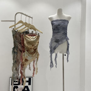 Vintage Tie-Dye Lace Edge Irregular Tank Top for Women New Summer Korean Style Slim Fit Red Hot Mesh Shirt Trendy