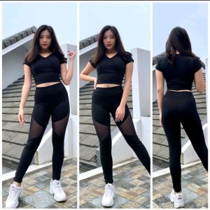 Setelan pakaian senam gym fitness zumba legging triangle dan crop v neck