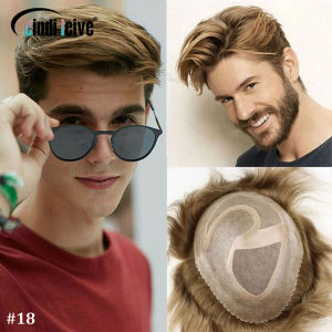 #18 Mono And PU Ash Blonde Mens Toupee Hair System For Men Hair Wig Small Scallop Front Male Topper Brown/Grey Hairpiece 8x10
