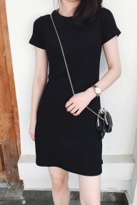Loose round Neck Cotton Dress Womens Autumn Winter New Korean Style Knee-Length T-Shirt Dress Pure Color Commute Princess Skirt