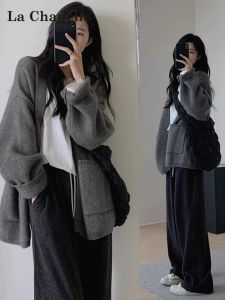 Áo Khoác Len Cardigan Dày Màu Xám La Chapelle Cho Nữ Mùa Thu Đông Dài Vừa Phải Dáng Rộng Có Túi