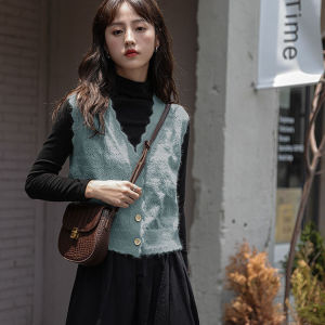 Womens V-Neck Knitted Vest Autumn Winter Wool Sweater Open Cardigan Outerwear Retro Style Fashionable Commute Korean Version