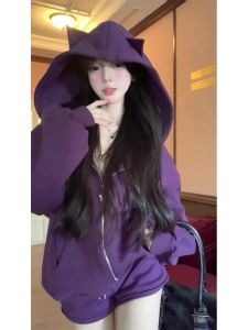 Bộ Đồ Hai Mảnh Thời Trang Mùa Đông Cho Nữ Có Tai Quái Vật Màu Tím Áo Nỉ Có Mũ Quần Ngắn Bộ Đồ Hai Mảnh Cỡ Nhỏ