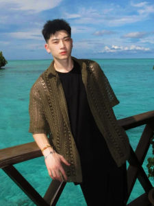 Cleanfit Mens Summer Thin Loose Casual Hollow Knit Shirt Collared Versatile Holiday Style Short Sleeve Fashionable T-Shirt