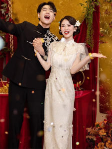 ชุดแต่งงานสไตล์จีนใหม่ ชุดราตรียาวสีแชมเปญ ชุดใส่ไปงานฉลอง ชุดราตรีสุดหรูสำหรับผู้หญิง