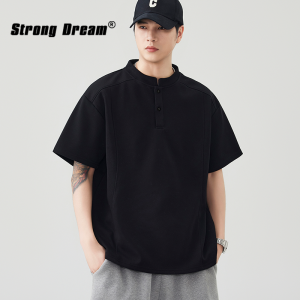 Henry Neck Short Sleeve T-Shirt Loose and Breathable