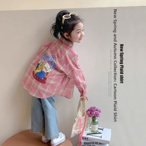 Pink Checkered Thin Cartoon Printed Sweet Shirt