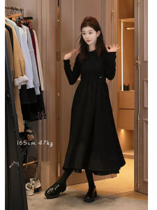 Donna Womens French Hepburn Style Slimming Dress Early Autumn Black Waist-Cinching Ultra Slim Long Skirt Elegant Long Sleeve