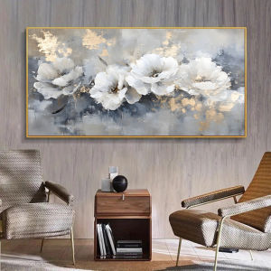 Large Modern Abstract White Floral Canvas Wall Art No Frame Poster for Living Room Bedroom DecorGray Blue Background Room Decor