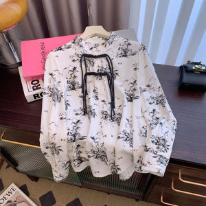 เสื้อเชิ้ตคอตั้งสไตล์จีนใหม่สำหรับผู้หญิง เสื้อเชิ้ตคอตั้งระดับไฮเอนด์พร้อมกระดุมสไตล์ย้อนยุค ทรงเข้ารูป แขนยาว ทรงหลวม